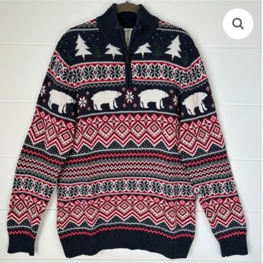 Men's Zip-Up Fair Isle Sweater - Red, Black & White